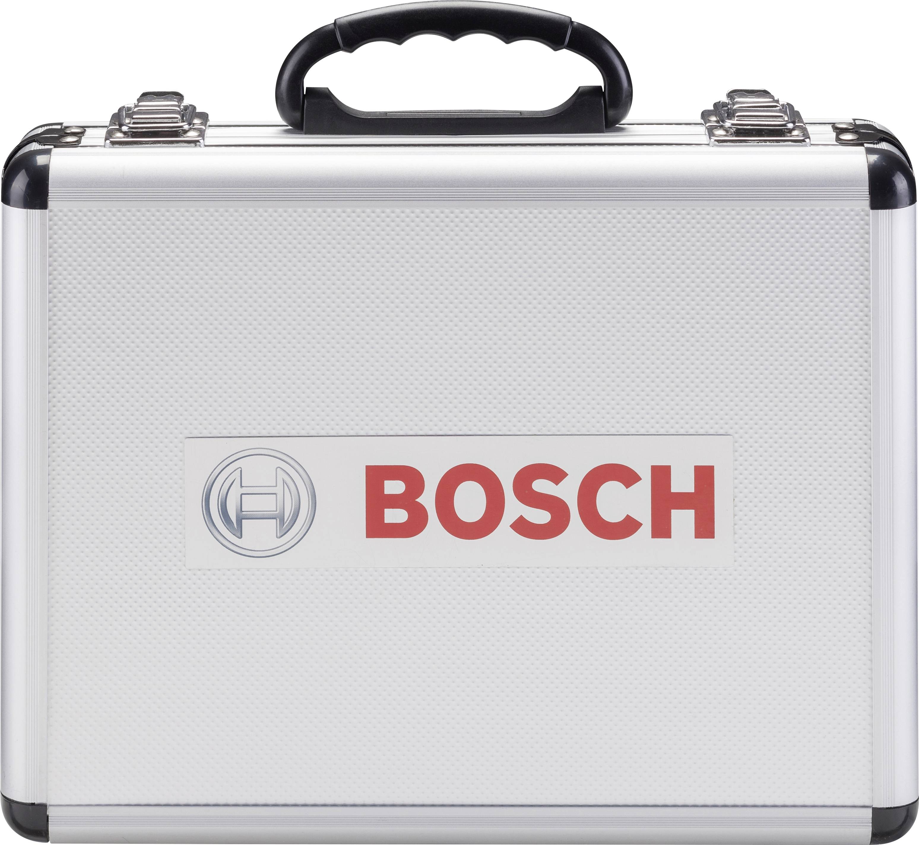 Ein silberner Werkzeugkoffer mit schwarzen Ecken und Trageriff, mit 'BOSCH'-Logo auf der Vorderseite.