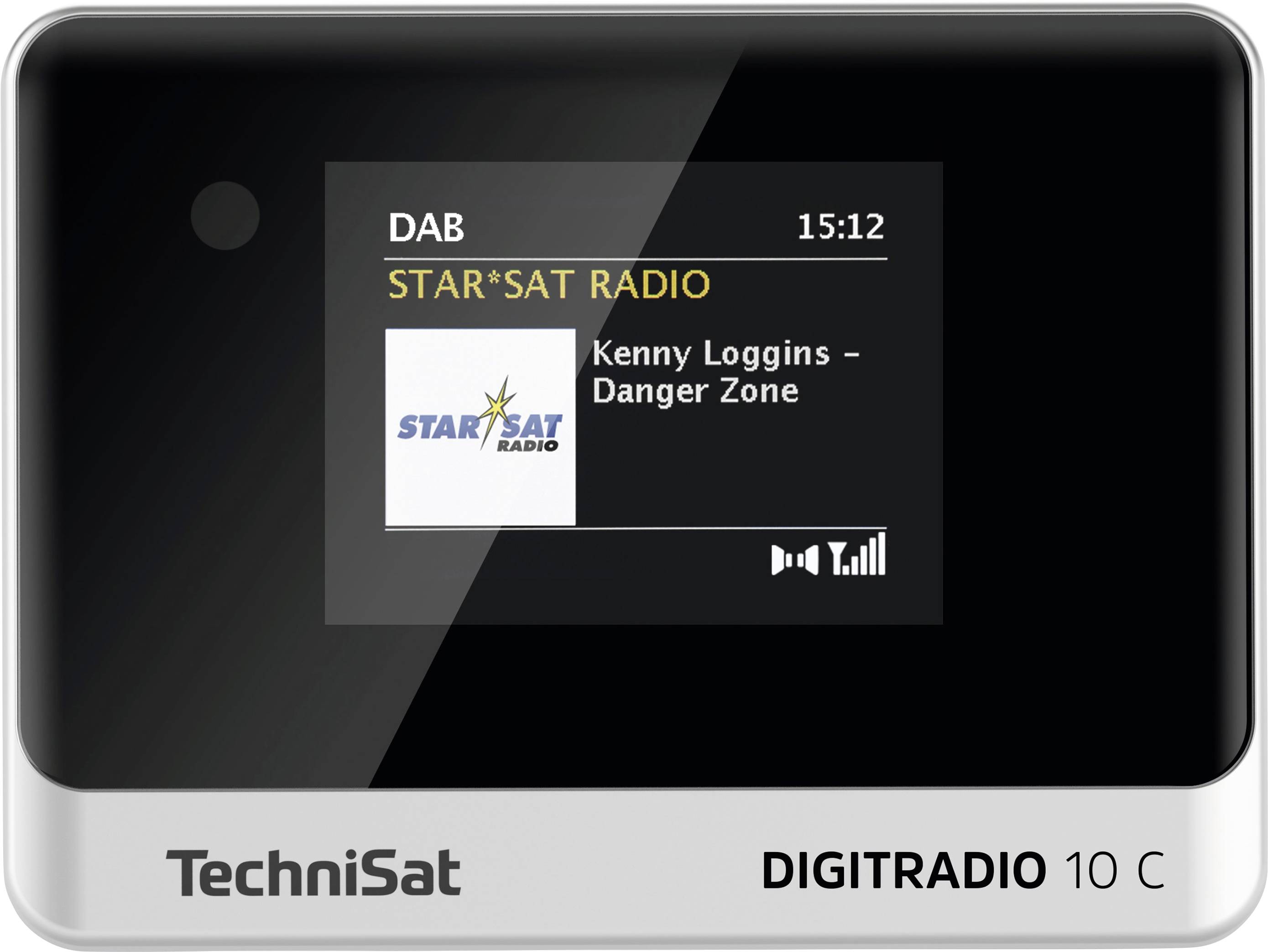 Ein digitales Radio zeigt 'DAB', Empfangsstatus, Uhrzeit 15:12, STAR*SAT RADIO, spielt 