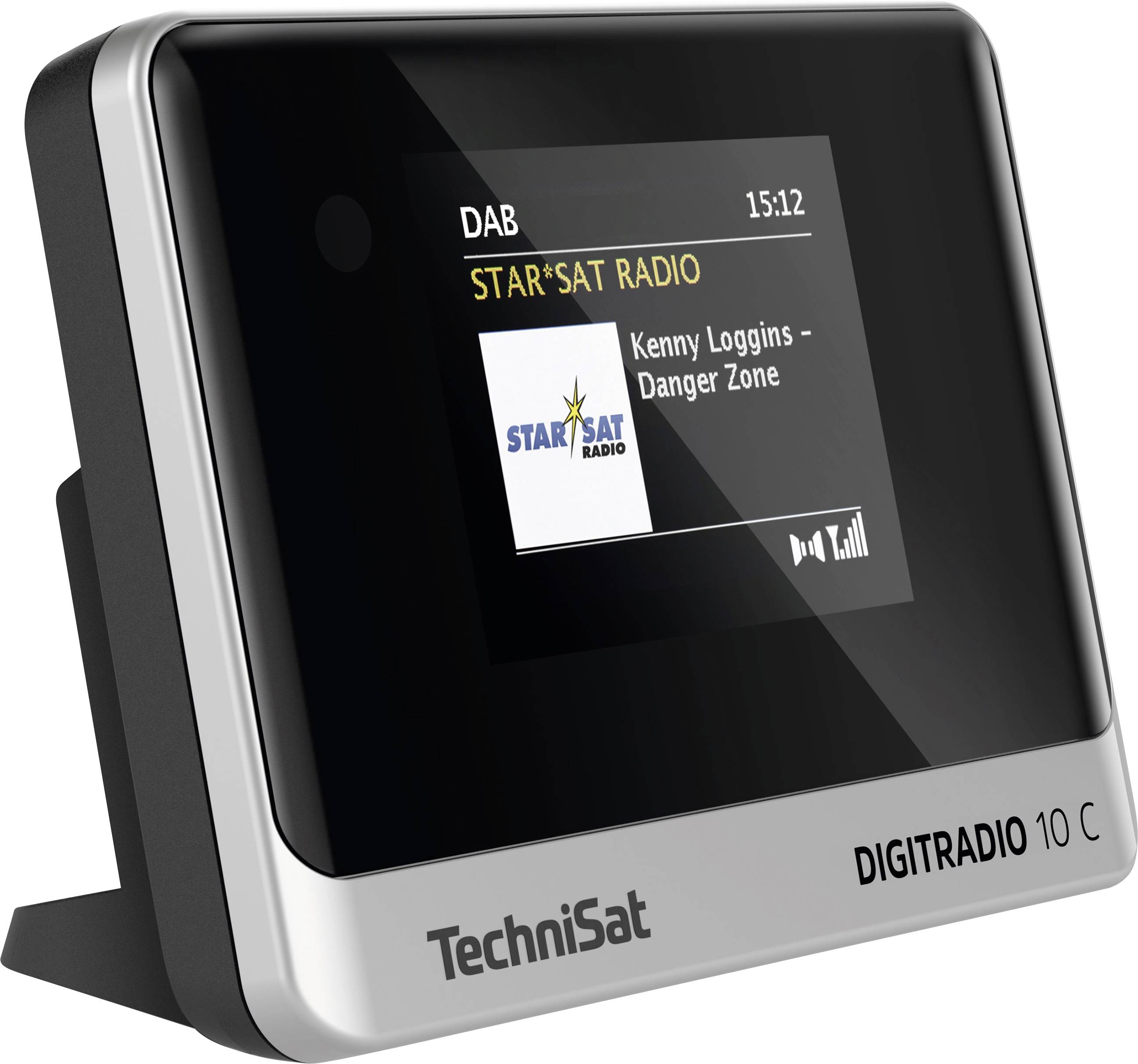 Digitalradio mit Display, zeigt 'STAR*SAT RADIO', Song: 'Kenny Loggins - Danger Zone'. Bezeichnung: TechniSat DIGITRADIO 10 C.