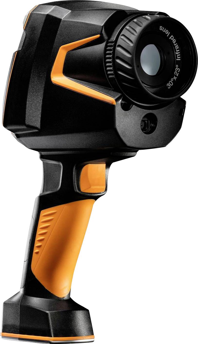 Eine orange-schwarze tragbare Wärmebildkamera mit ergonomischem Griff und großem Objektiv vorne.