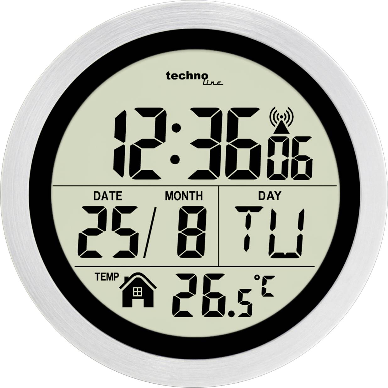 Eine digitale Uhr zeigt die Uhrzeit 12:36, das Datum 25/8, Wochentag Di, und die Temperatur 26,5°C an.