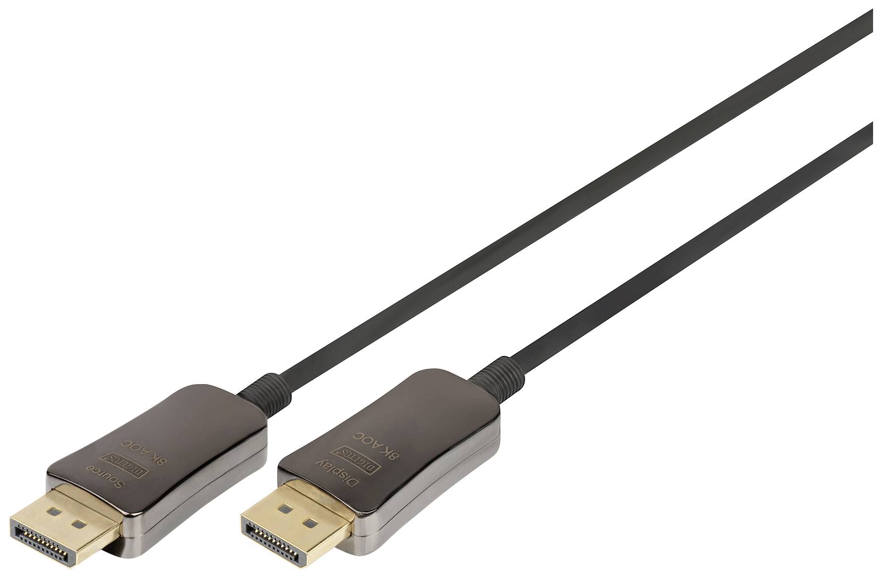 Zwei schwarze DisplayPort-Kabel mit goldfarbenen Anschlüssen, geeignet für 8K Videoübertragung.