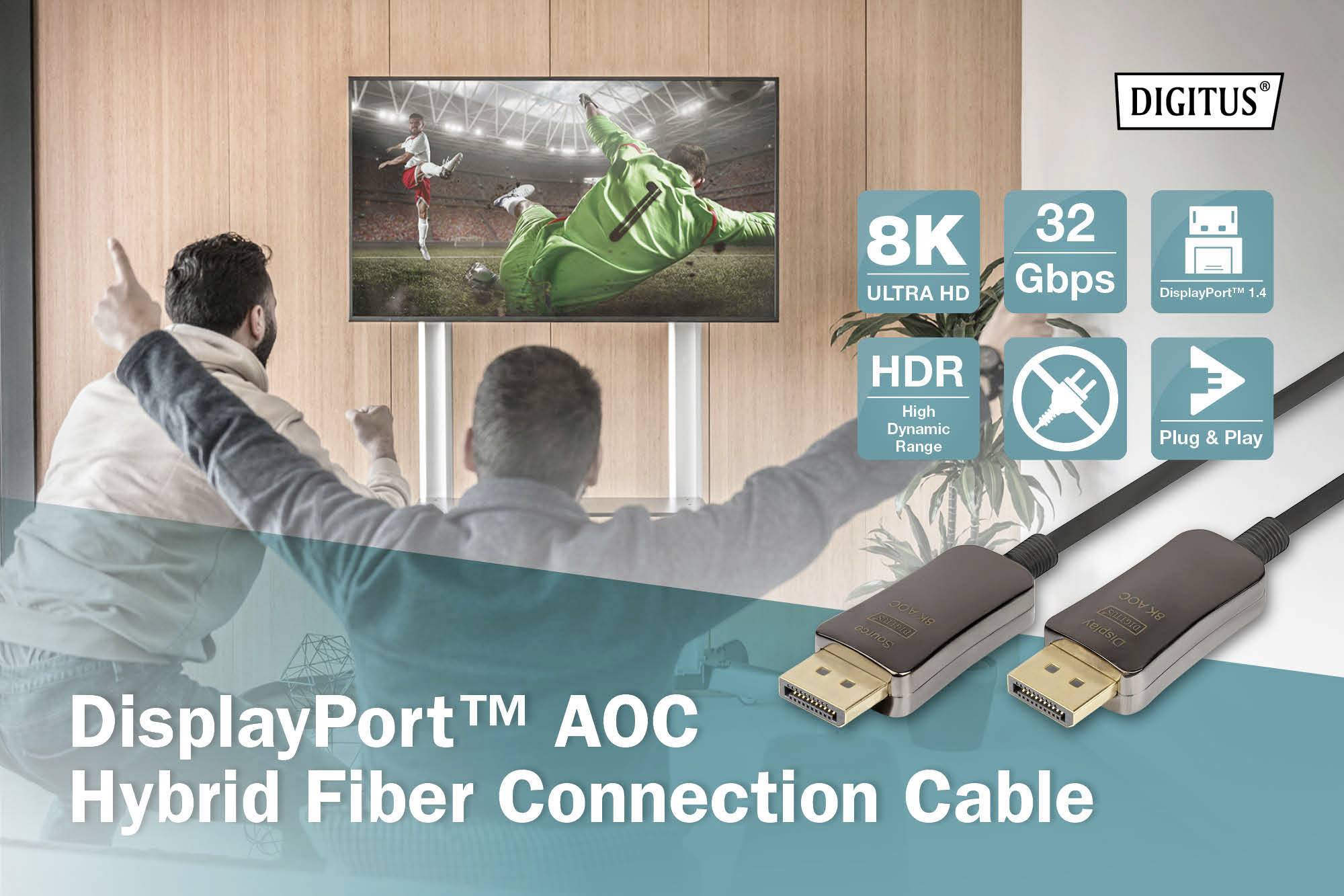 Zwei Personen jubeln vor einem Fernseher, auf dem ein Fußballspiel in 8K Ultra HD läuft. Produktanzeige: DisplayPort AOC Kabel.