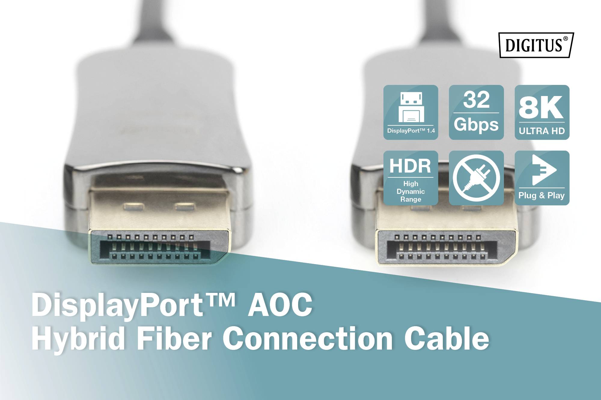 'DisplayPort AOC Hybrid Fiber Connection Cable' mit Merkmalen: 32 Gbps, 8K Ultra HD, HDR, Plug & Play, unterstützt DisplayPort 1.4.