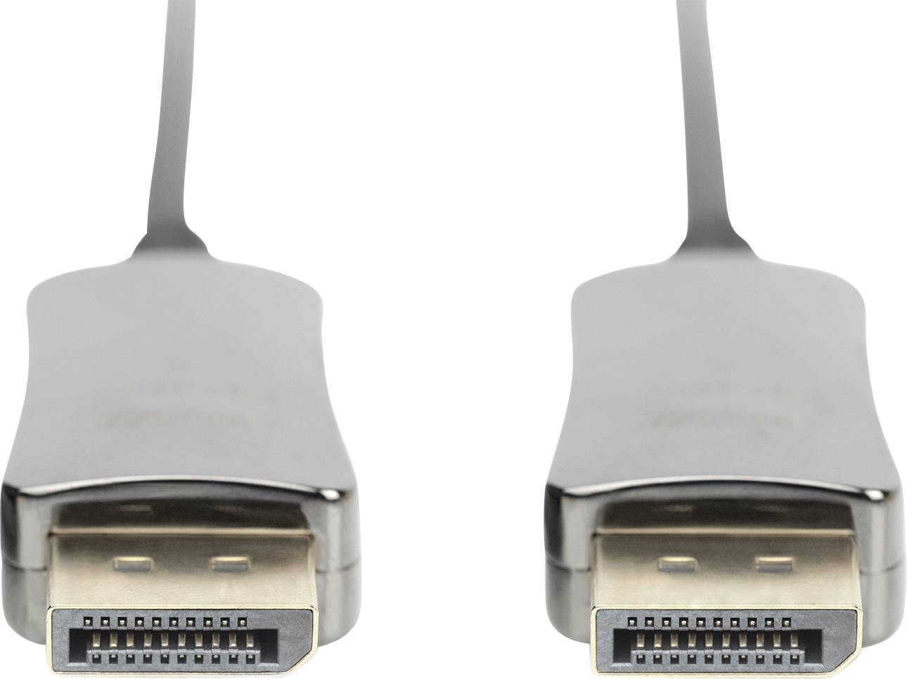 Zwei DisplayPort-Stecker, die nebeneinander liegen, mit einem flachen, schwarzen Kabel verbunden.
