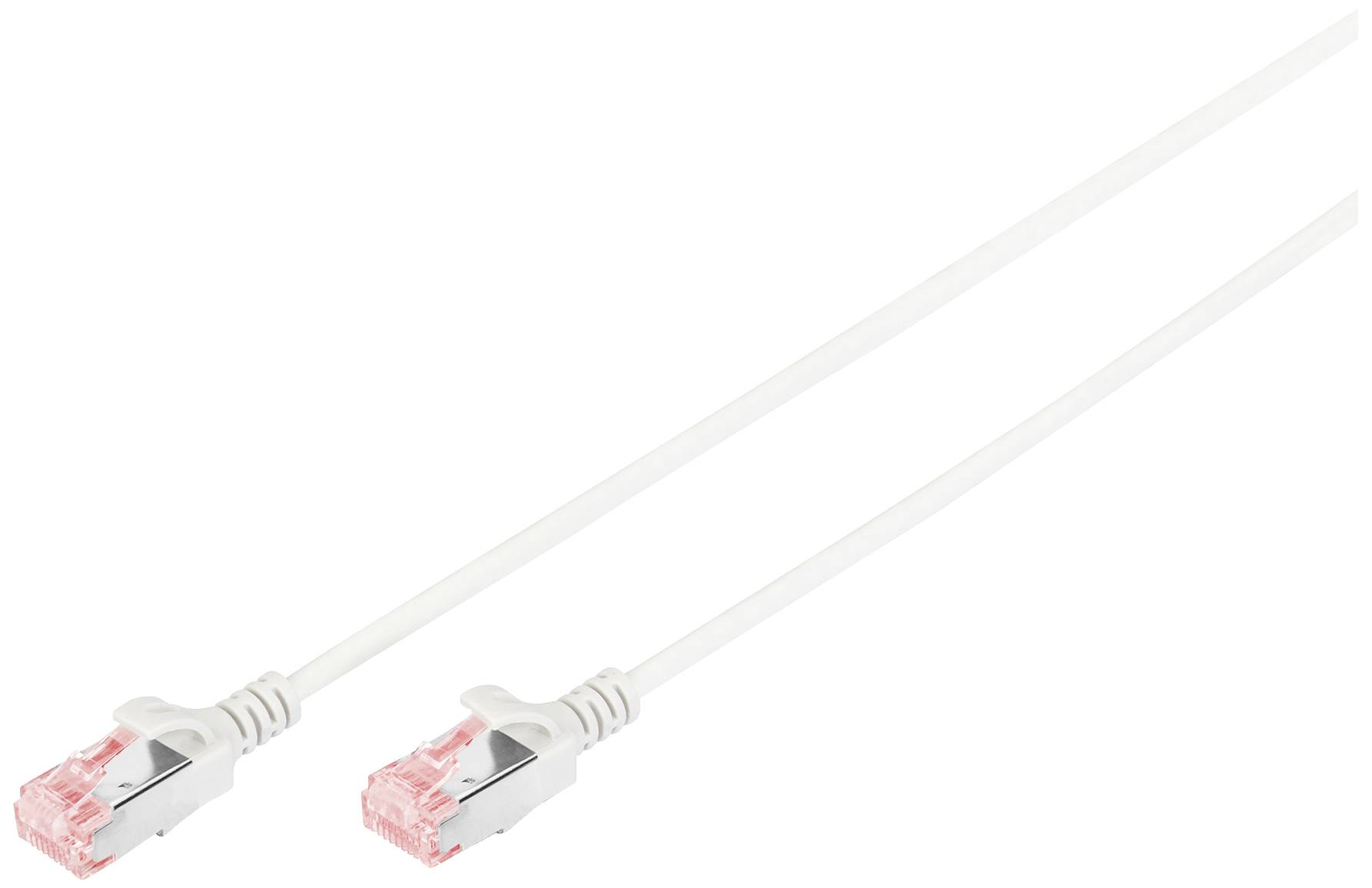 Zwei weiße Ethernet-Kabel mit roten Steckern, nebeneinander auf einem weißen Hintergrund.