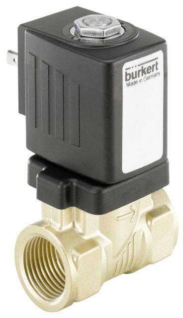 Ein Magnetventil von Bürkert, hergestellt in Deutschland, mit einem schwarzen Gehäuse und einem Messingkörper, geeignet für Flüssigkeitssteuerung.