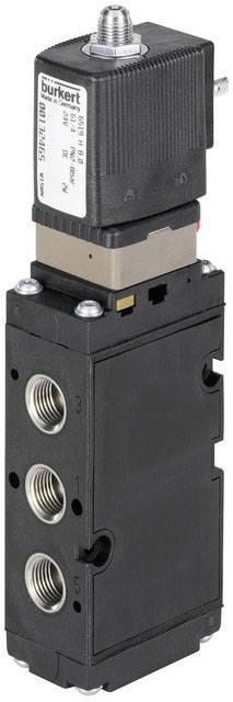 Ein schwarzes, rechteckiges Magnetventil mit Metallanschlüssen, darauf ein kleiner zylindrischer Metallknopf. Oben ist das Logo von Bürkert zu sehen.