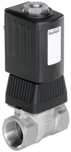 Ventil mit schwarzem Gehäuse und metallischem Anschluss. Marke 'burkert' ist sichtbar. Geeignet für Flüssigkeitskontrollsysteme.