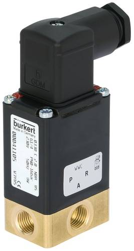 Ein elektromagnetisches Ventil mit schwarzem Gehäuse und Metallbasis. Aufkleber mit technischen Daten und 'burkert'-Logo sichtbar.