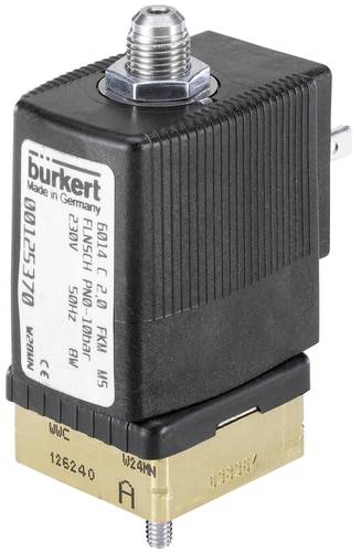 Ein schwarzes elektromagnetisches Ventil von Bürkert, Modellnummer 126240, mit technischen Spezifikationen an der Seite auf einem goldenen Sockel.