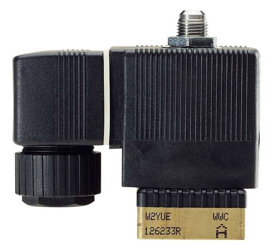 Ein schwarzes elektromagnetisches Ventil mit Messingbasis und silbernem Anschluss. Modellnummer 'W2YUE 126233R'.