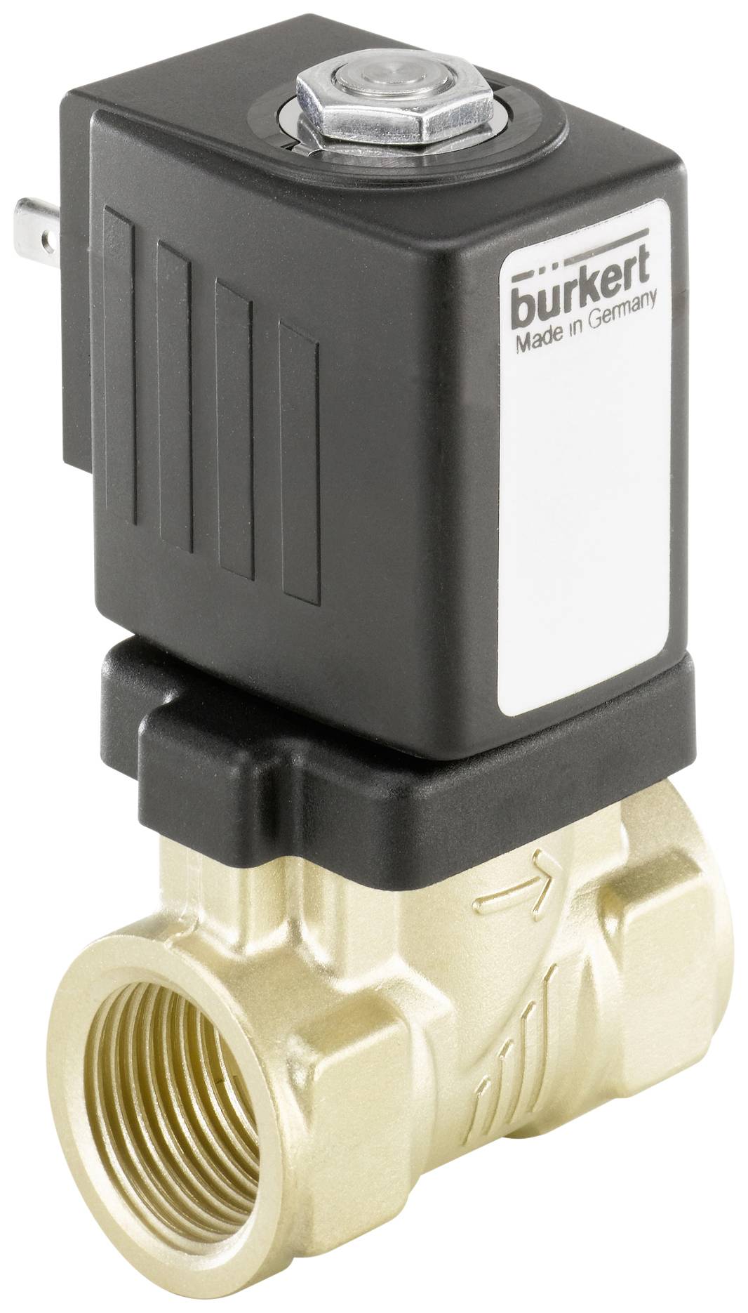 Magnetventil der Marke Bürkert, Made in Germany. Schwarze obere Komponente mit Metallgehäuse darunter, Richtungspfeile auf der Unterseite.