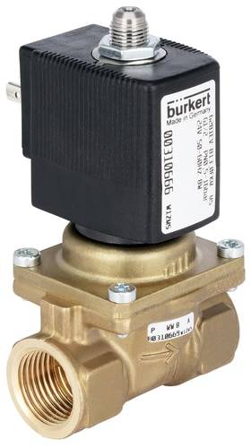Elektrisches Ventil der Marke Bürkert, Modell 0280, mit Messinggehäuse und schwarzem Kunststoffaufsatz, für industrielle Anwendungen.