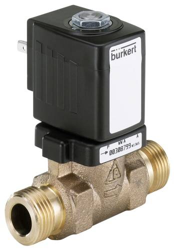 Ein elektromagnetisches Ventil mit einem schwarzen Steuerkopf und metallenen Anschlüssen von der Marke 'Burkert'.