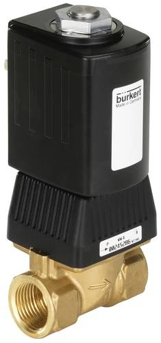 Schwarzes elektromagnetisches Ventil mit 'burkert' Aufschrift und Messinganschlüssen. Dient zur Steuerung von Flüssigkeits- oder Gasflüssen.