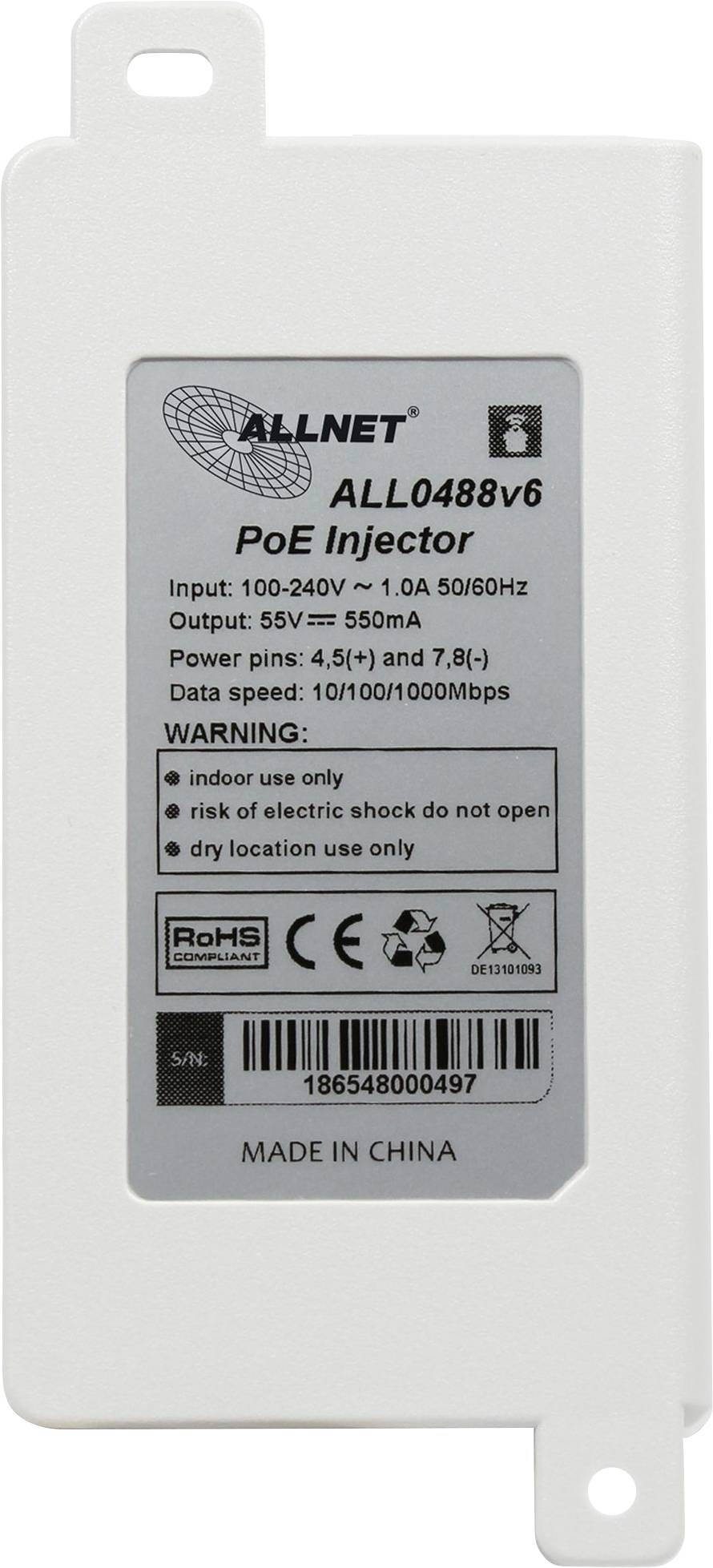 Allnet ALL0488v6 PoE Injektor 10 / 100 / 1000MBit/s IEEE 802.3af (12.95 W), IEEE 802.3at (25.5 W)