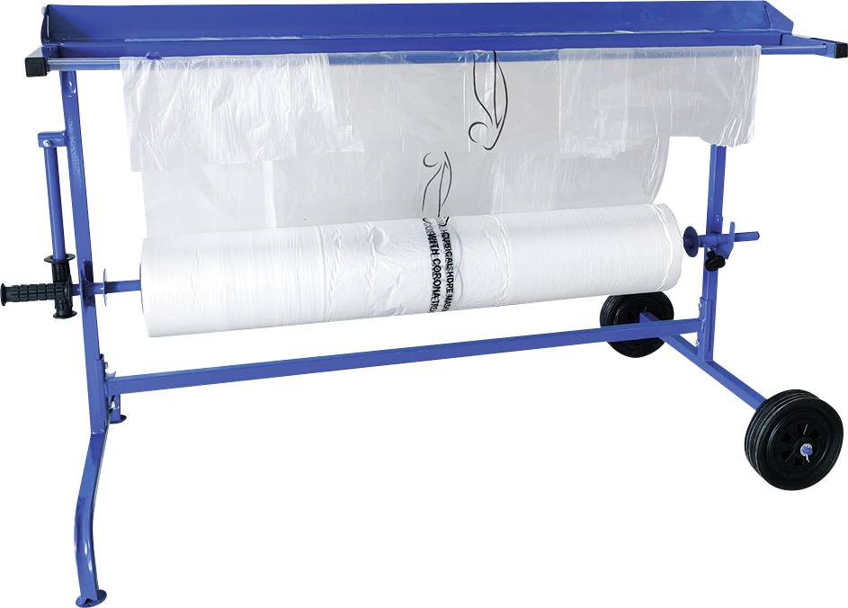 Eine blaue Halterung mit einem langen, weißen Rollenpapier und Plastikabdeckung, montiert auf Rädern zur einfachen Bewegung.