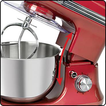 Rote Küchenmaschine mit Edelstahlrührschüssel und Drehknopf. Pfeile zeigen auf die Schüssel- und Knopfkombination, um Aufmerksamkeit darauf zu lenken.