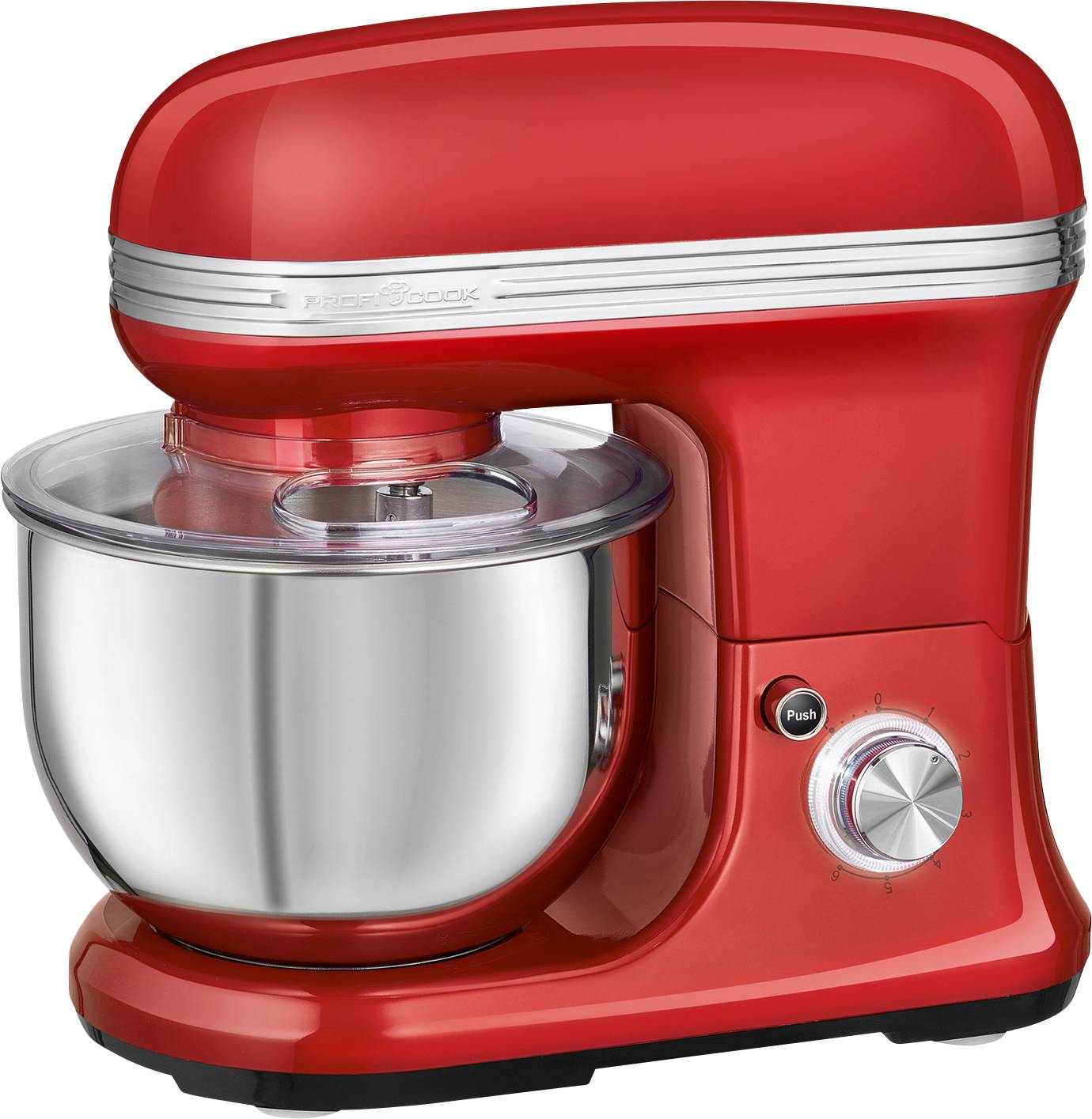 Rote Küchenmaschine mit Edelstahl-Rührschüssel, Drehknopf und Schalter, ideal zum Mischen und Kneten von Teig.