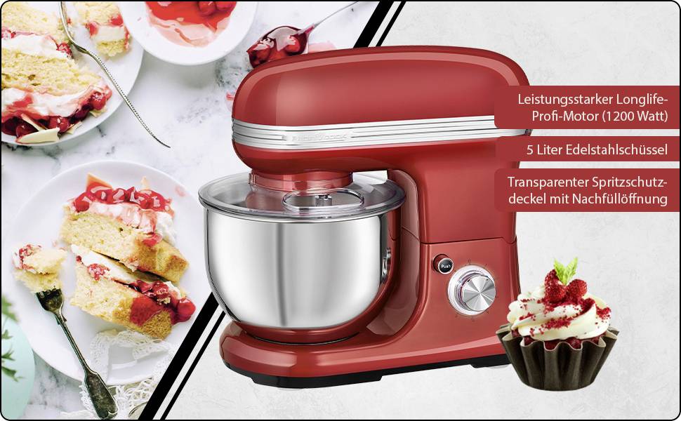 Rote Küchenmaschine mit 5-Liter-Edelstahlschüssel. Text neben der Maschine: 'Leistungsstarker Longlife-Profi-Motor (1200 Watt)'.