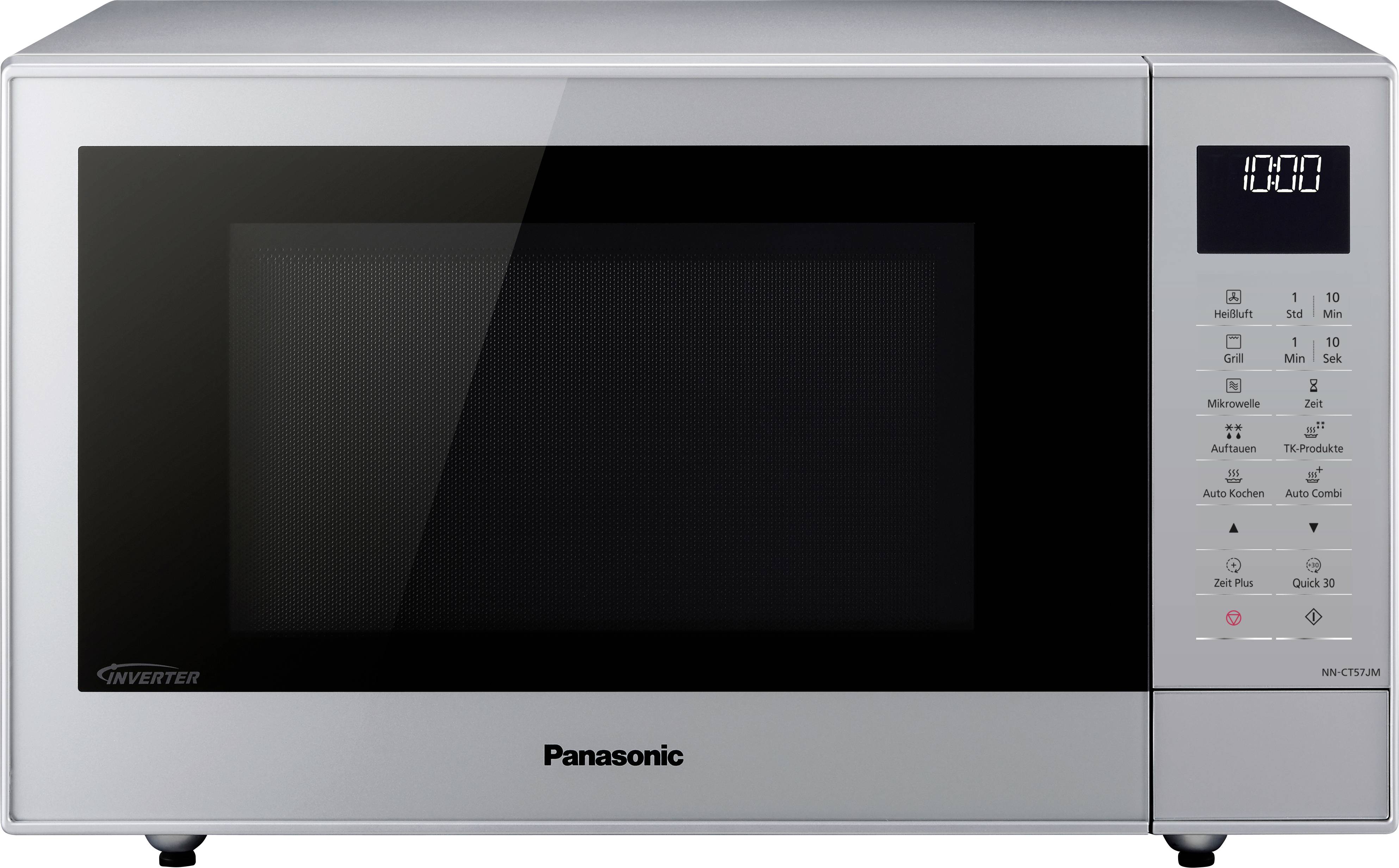 Silberne Mikrowelle mit digitaler Anzeige, zeigt '10:00'. Bedienelemente rechts mit Optionen für verschiedene Kochmodi.