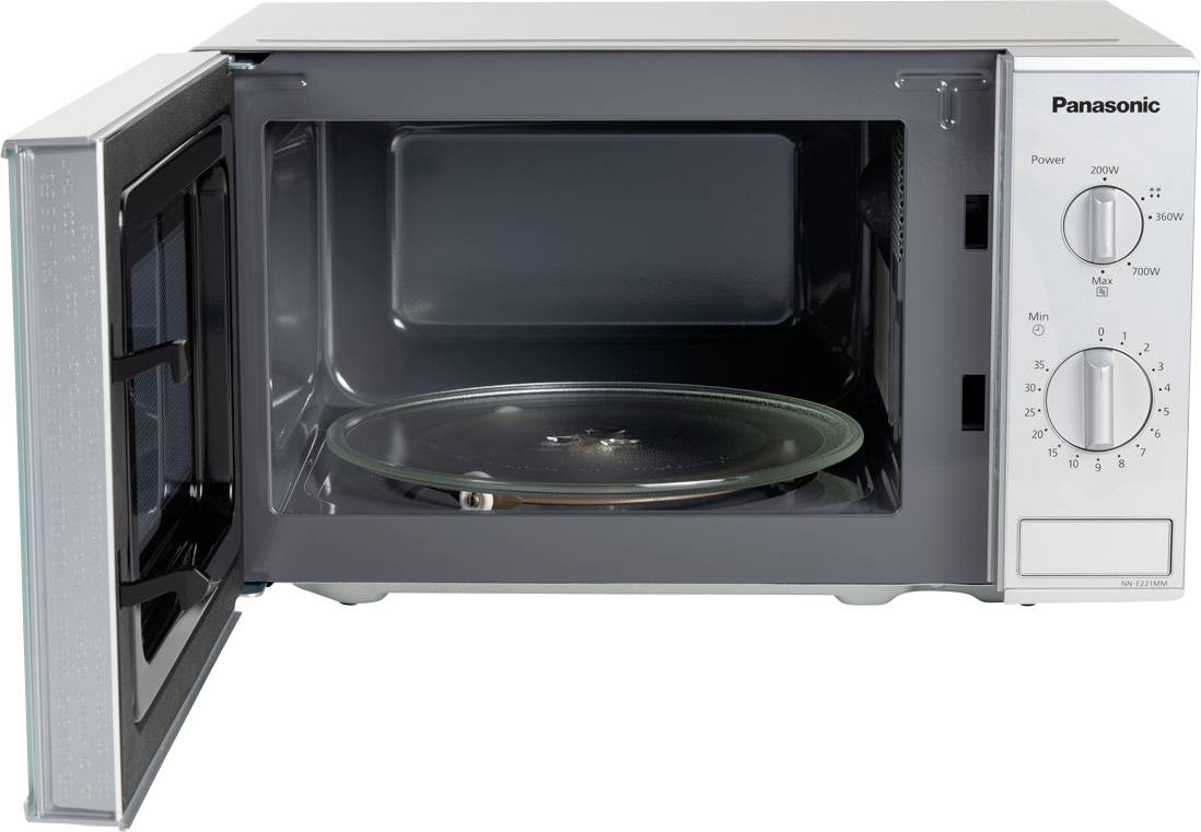 Eine Mikrowelle mit geöffneter Tür. Innen ein Drehteller. Rechts ist ein Bedienfeld mit Drehreglern für Leistung und Zeit.