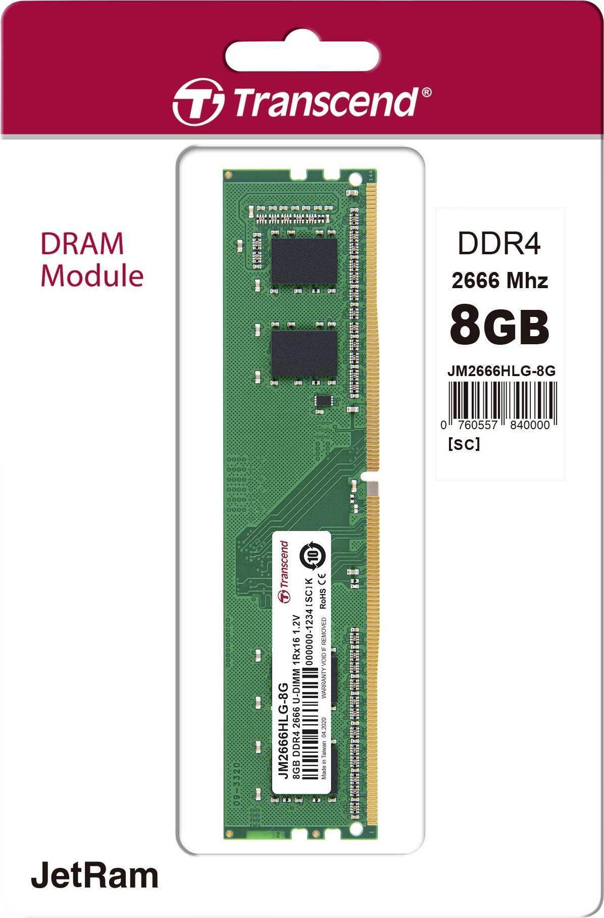 Transcend JetRAM PC-Arbeitsspeicher Modul DDR4 8 GB 1 x 8 GB Non-ECC 2666 MHz 288pin DIMM CL19 JM2666HLG-8G