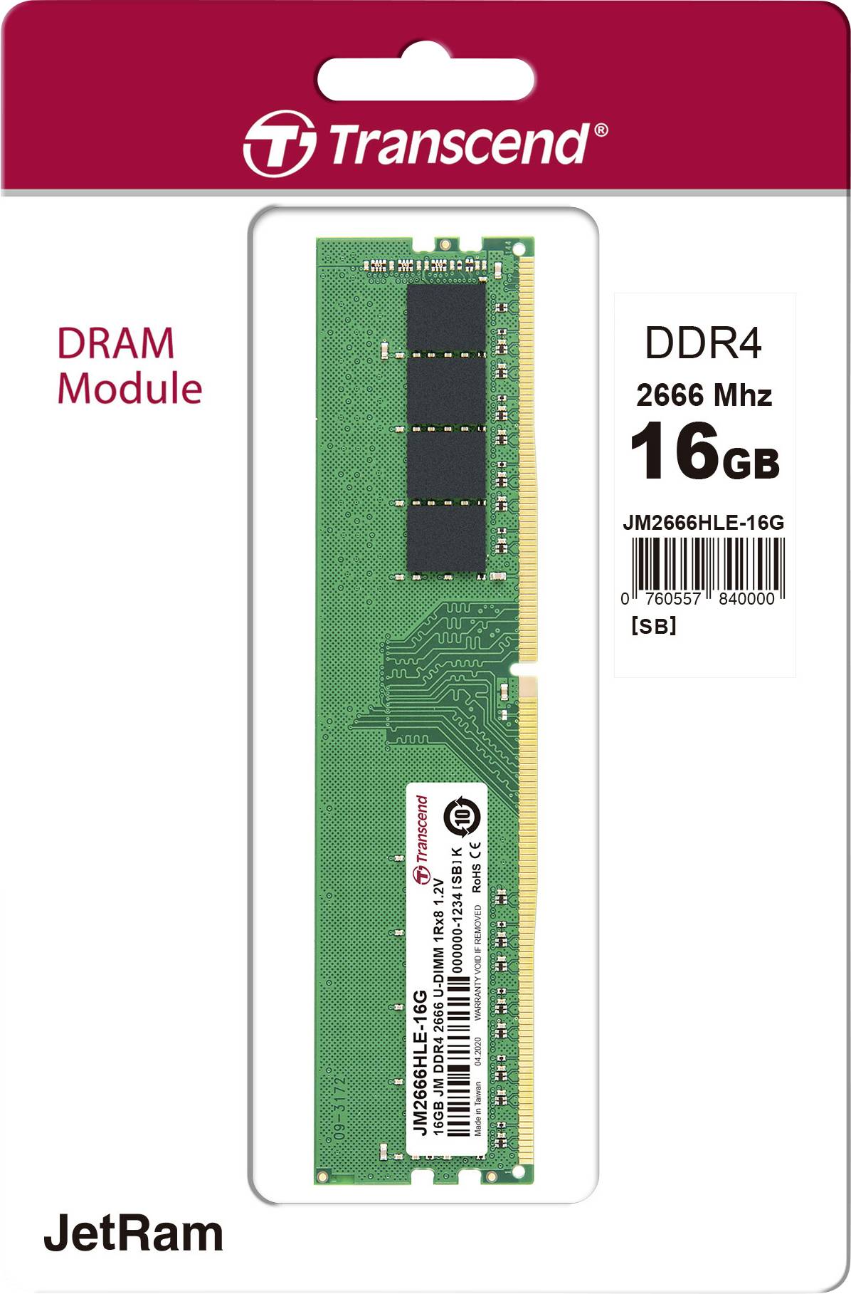 Transcend JetRAM PC-Arbeitsspeicher Modul DDR4 16 GB 1 x 16 GB Non-ECC 2666 MHz 288pin DIMM CL19 JM2666HLE-16G