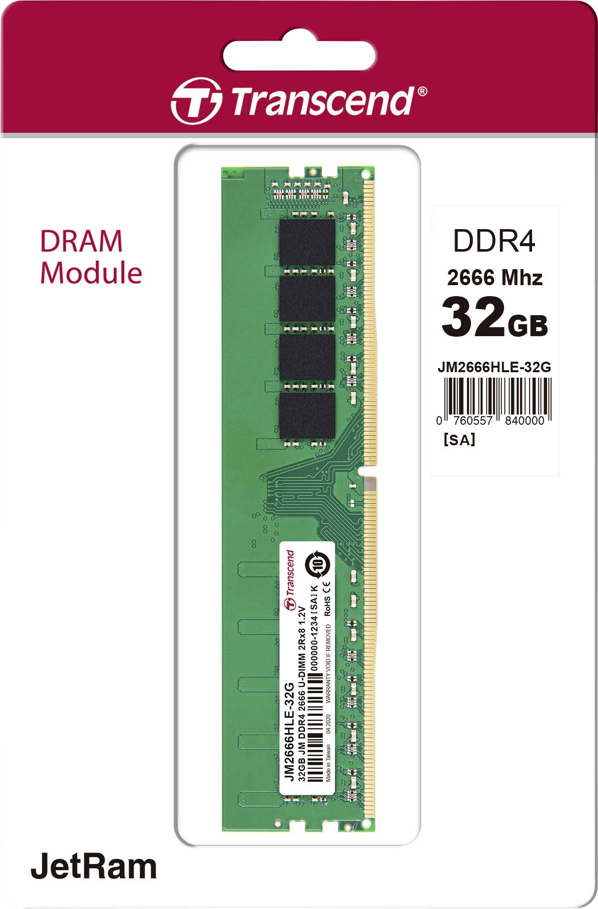 Transcend JetRAM PC-Arbeitsspeicher Modul DDR4 32 GB 1 x 32 GB 2666 MHz 288pin DIMM CL19 JM2666HLE-32G