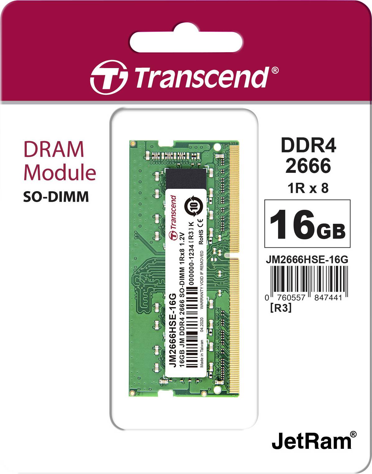 Transcend JetRAM Laptop-Arbeitsspeicher Modul DDR4 16 GB 1 x 16 GB Non-ECC 2666 MHz 260pin SO-DIMM CL19 JM2666HSE-16G