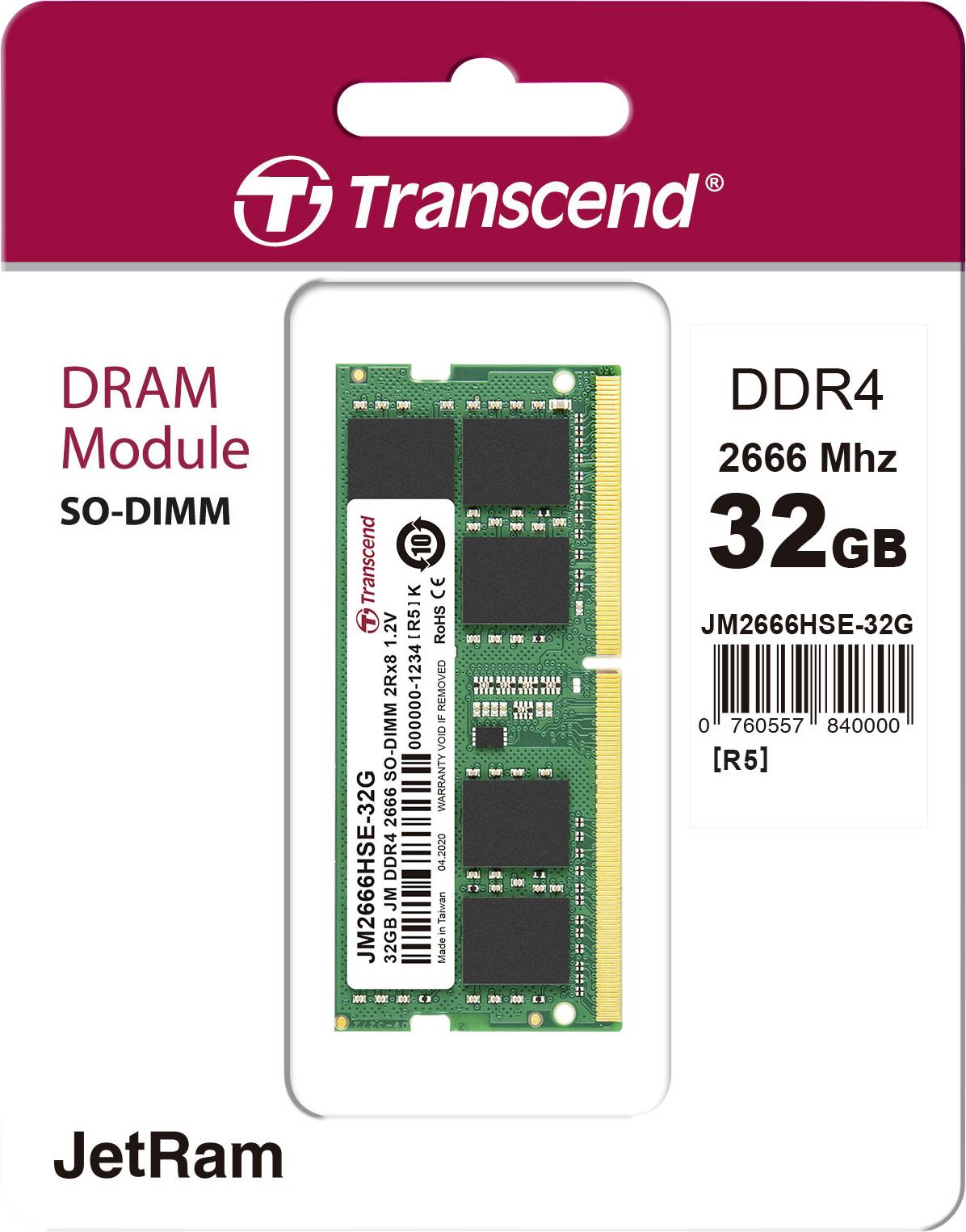 Transcend JetRAM Laptop-Arbeitsspeicher Modul DDR4 32 GB 1 x 32 GB Non-ECC 2666 MHz 260pin SO-DIMM CL19 JM2666HSE-32G