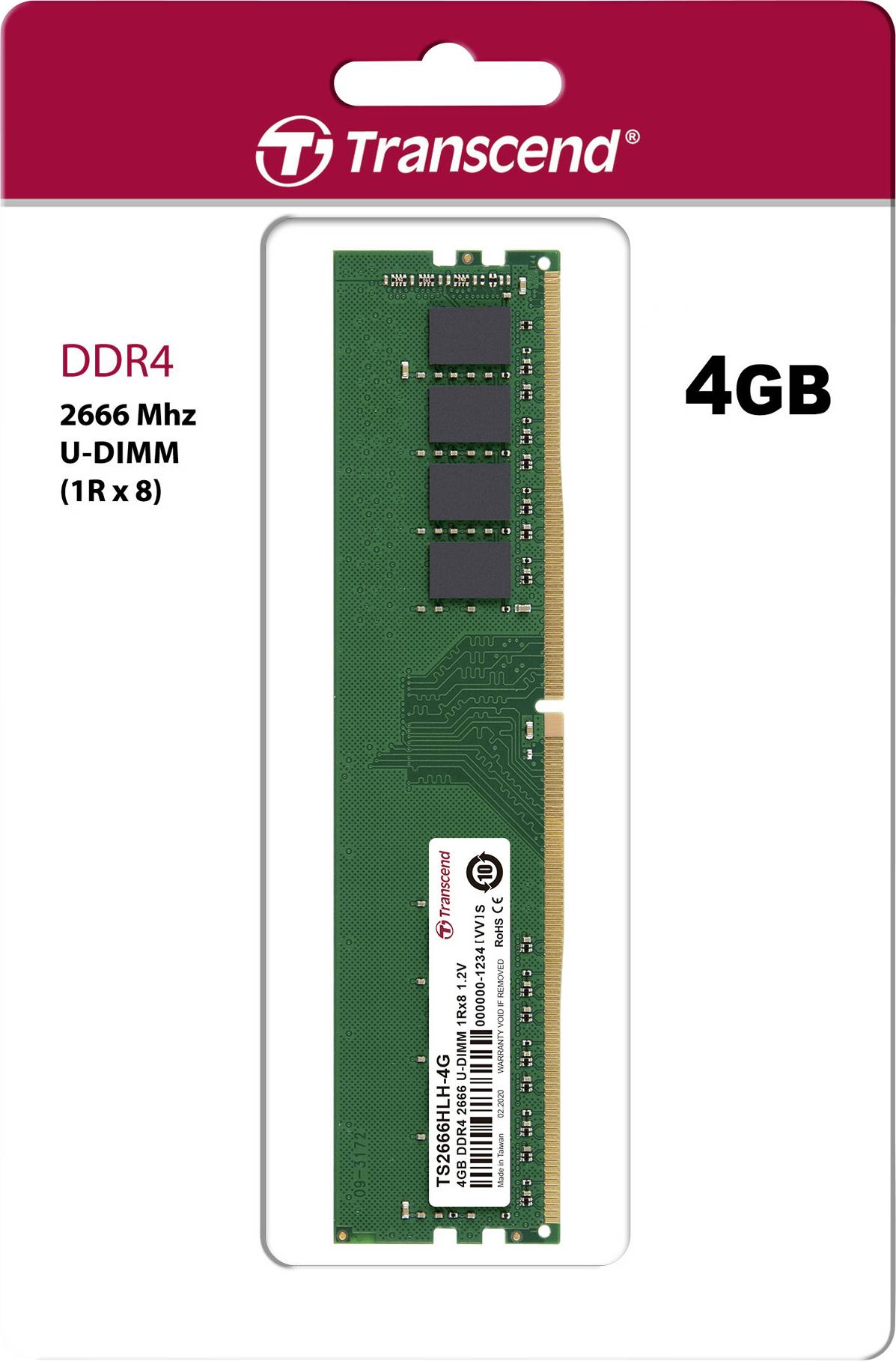 Transcend PC-Arbeitsspeicher Modul DDR4 4 GB 1 x 4 GB Non-ECC 2666 MHz 288pin DIMM CL19 TS2666HLH-4G