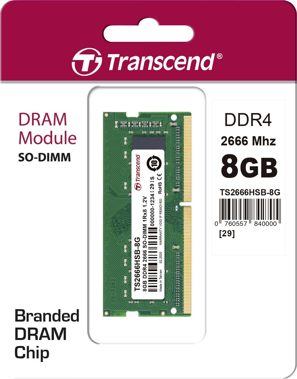 Transcend Laptop-Arbeitsspeicher Modul DDR4 8 GB 1 x 8 GB 2666 MHz 260pin SO-DIMM CL19 TS2666HSB-8G