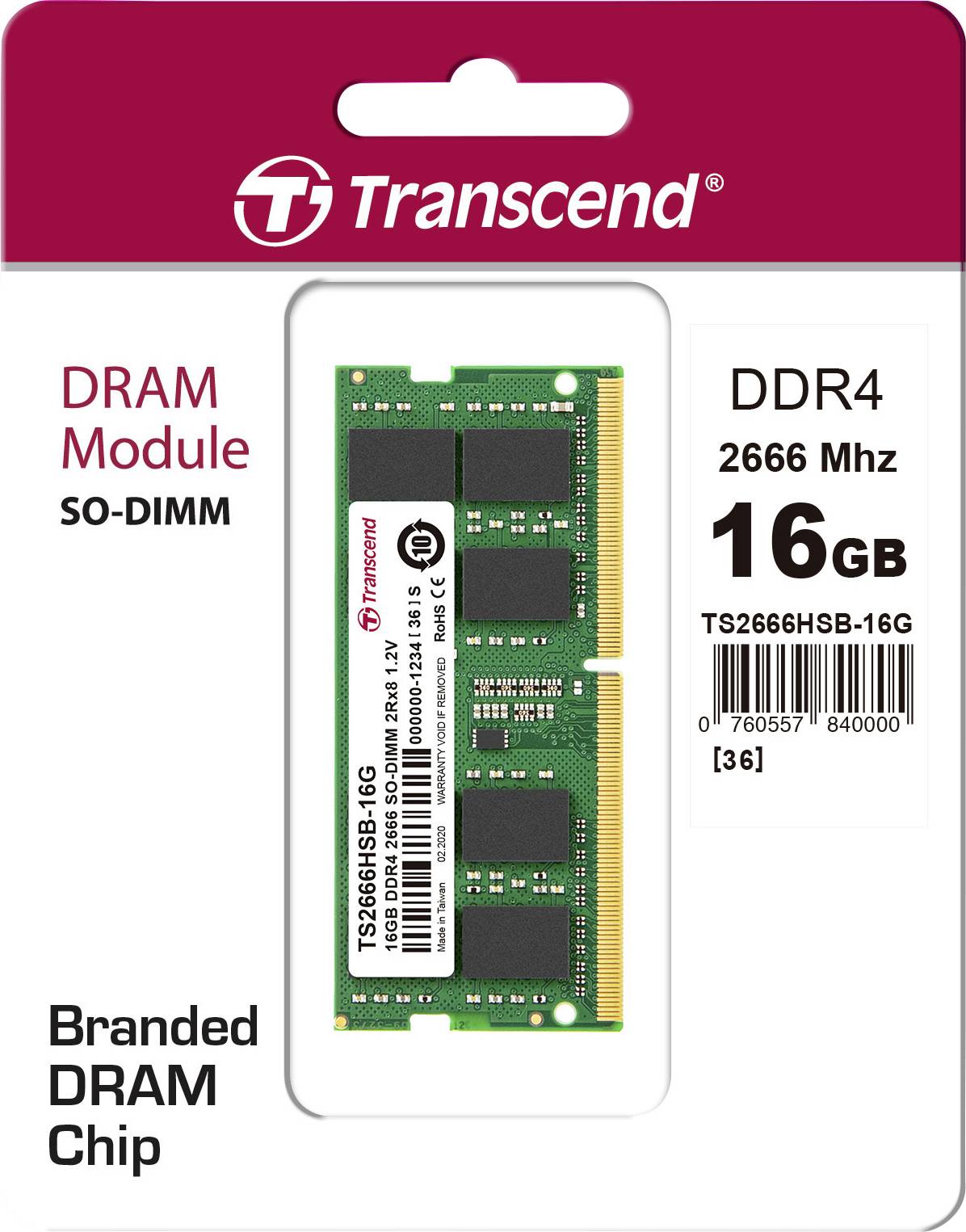 Transcend TS2666HSB-16G Laptop-Arbeitsspeicher Modul DDR4 16 GB 1 x 16 GB 2666 MHz 260pin SO-DIMM CL19 TS2666HSB-16G