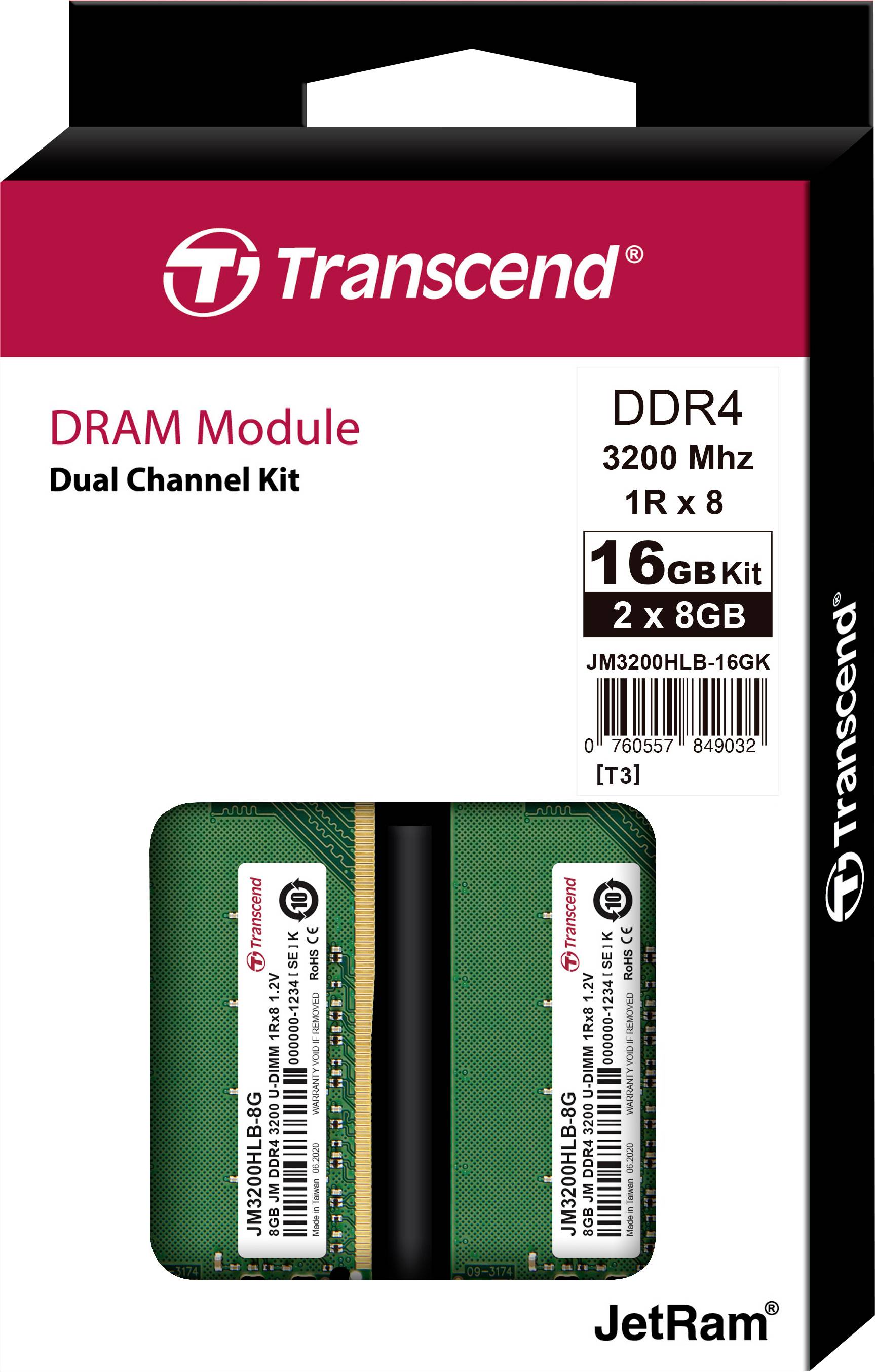 Transcend JM3200HLB-16GK PC-Arbeitsspeicher Kit 16 GB 2 x 8 GB 3200 MHz 288pin DIMM JM3200HLB-16GK