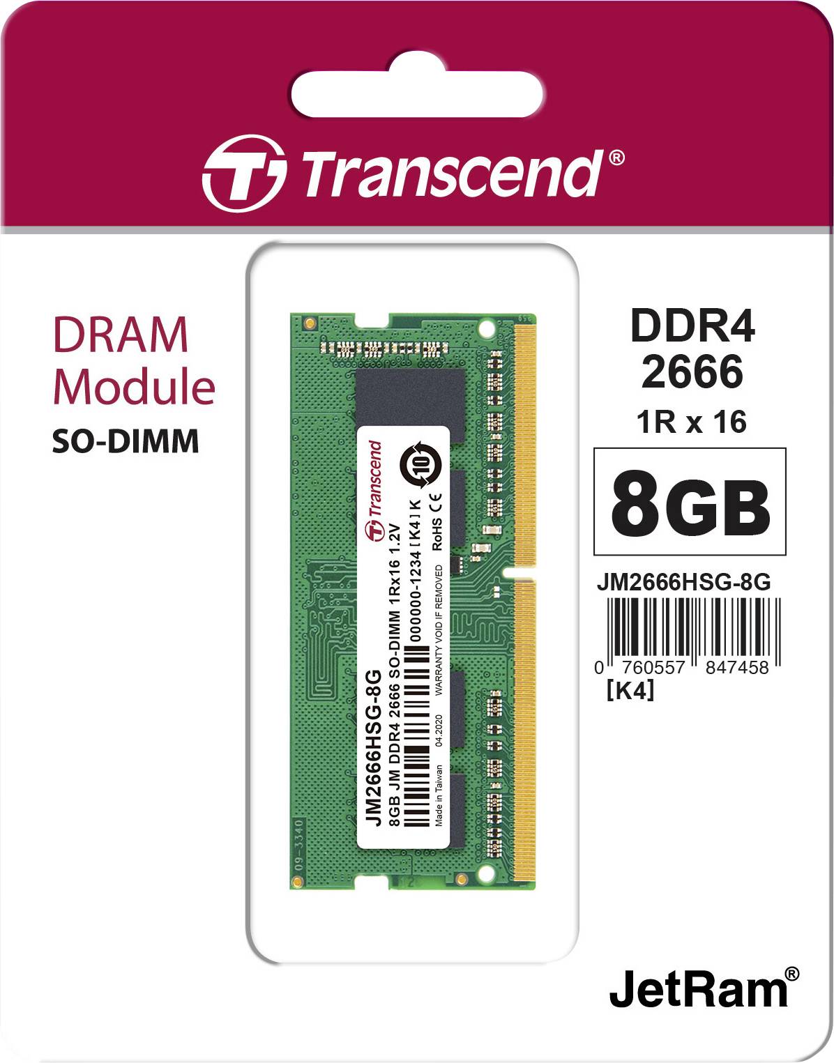 Transcend JetRAM Laptop-Arbeitsspeicher Modul DDR4 8 GB 1 x 8 GB Non-ECC 2666 MHz 260pin SO-DIMM CL19 JM2666HSG-8G