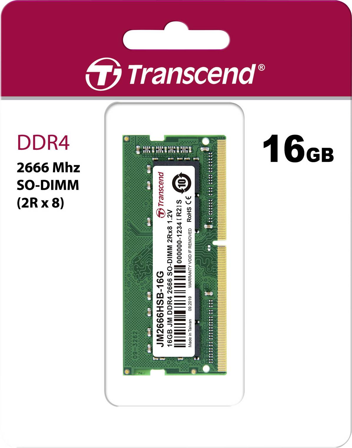 Transcend JetRAM Laptop-Arbeitsspeicher Modul DDR4 16 GB 1 x 16 GB Non-ECC 2666 MHz 260pin SO-DIMM CL19 JM2666HSB-16G
