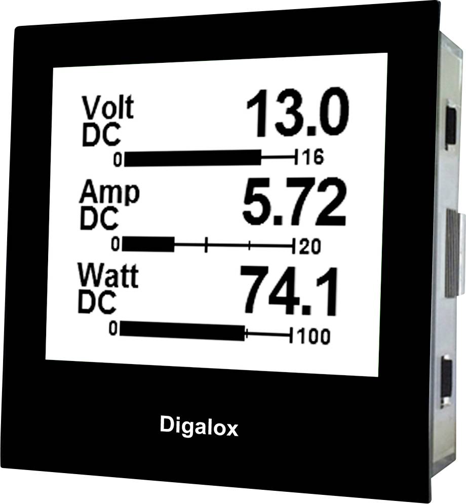 Elektronisches Display zeigt folgende Messwerte: 'Volt DC: 13.0', 'Ampere DC: 5.72', 'Watt DC: 74.1'. Gerät von Digalox.