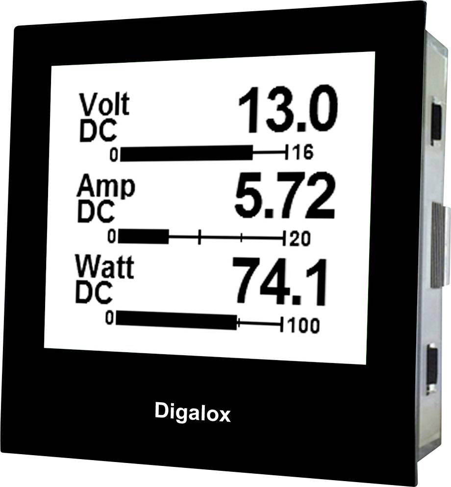 Ein Digitaldisplay zeigt Spannungswert '13.0 Volt DC', Stromwert '5.72 Amp DC' und Leistungswert '74.1 Watt DC'.