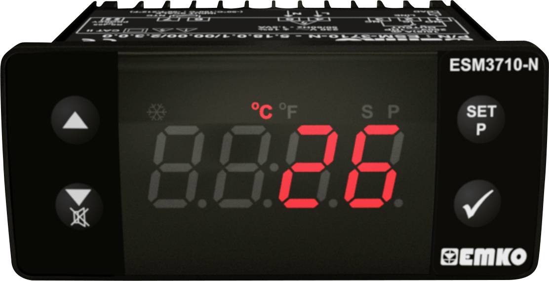 Digitale Temperaturanzeige zeigt '26' Grad Celsius in roter Schrift. Gerät hat Steuertasten, rechts ist der Markenname sichtbar.