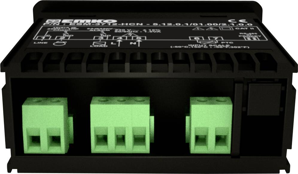 Elektronisches Gerät mit schwarzem Gehäuse und drei grünen Anschlüssen an der Vorderseite. Oben befinden sich technische Spezifikationen.
