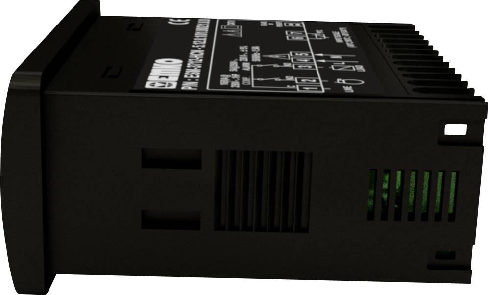 Ein schwarzer elektronischer Temperaturregler mit Beschriftung und Symbolen auf der Oberseite, seitliche Lüftungsschlitze sichtbar.