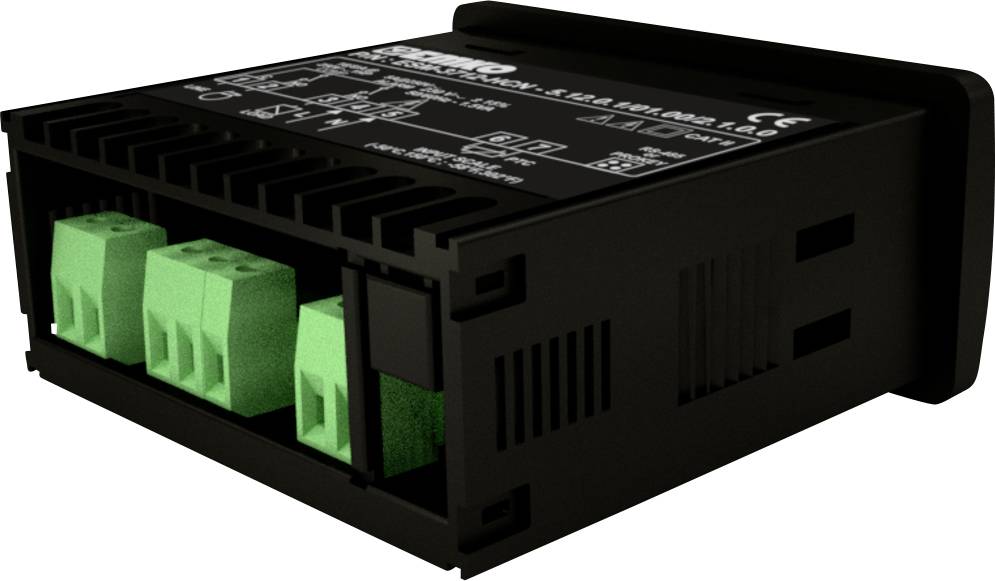 Schwarzes elektrisches Gerät mit grünen Anschlüssen, vermutlich ein Modul zur Spannungsregelung oder Steuerung in elektrischen Systemen.