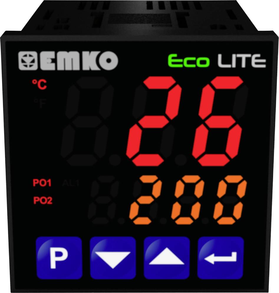 Digitale Temperaturanzeige zeigt '22.8°C'. Bedienfeld mit drei blauen Tasten. Oben steht 'Emko Eco Lite'.