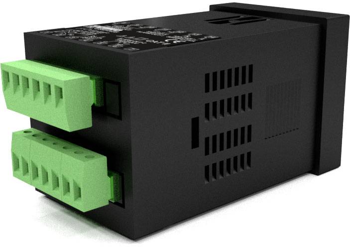 Ein schwarzes elektronisches Gerät mit grünen Anschlussklemmen, wahrscheinlich ein Relais oder Schalter, zur Montage in Steuerkästen.