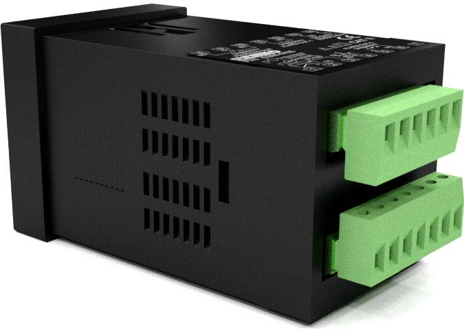 Elektronisches Gerät in schwarzem Gehäuse mit grünen Anschlussklemmen an der Vorderseite.