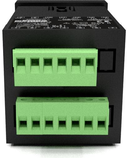 Ein schwarzes elektronisches Gerät mit zwei grünen Anschlussleisten vorne, wahrscheinlich für elektrische Verbindungen oder Steuerungen geeignet.
