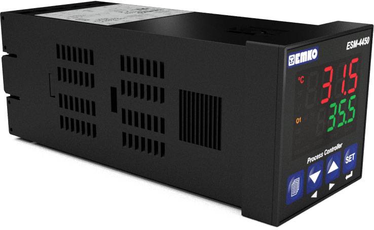 Digitaler Temperaturregler mit LED-Anzeige zeigt '31.5°C' und '35.5°C'. Enthält Tasten für Einstellungen und eine Menüführung.