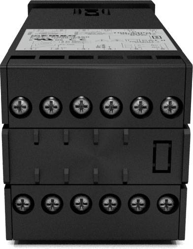 Schwarzes elektronisches Gerät mit Schraubklemmen und einem Diagramm oben. Möglicherweise ein elektrisches Relais oder Modul.